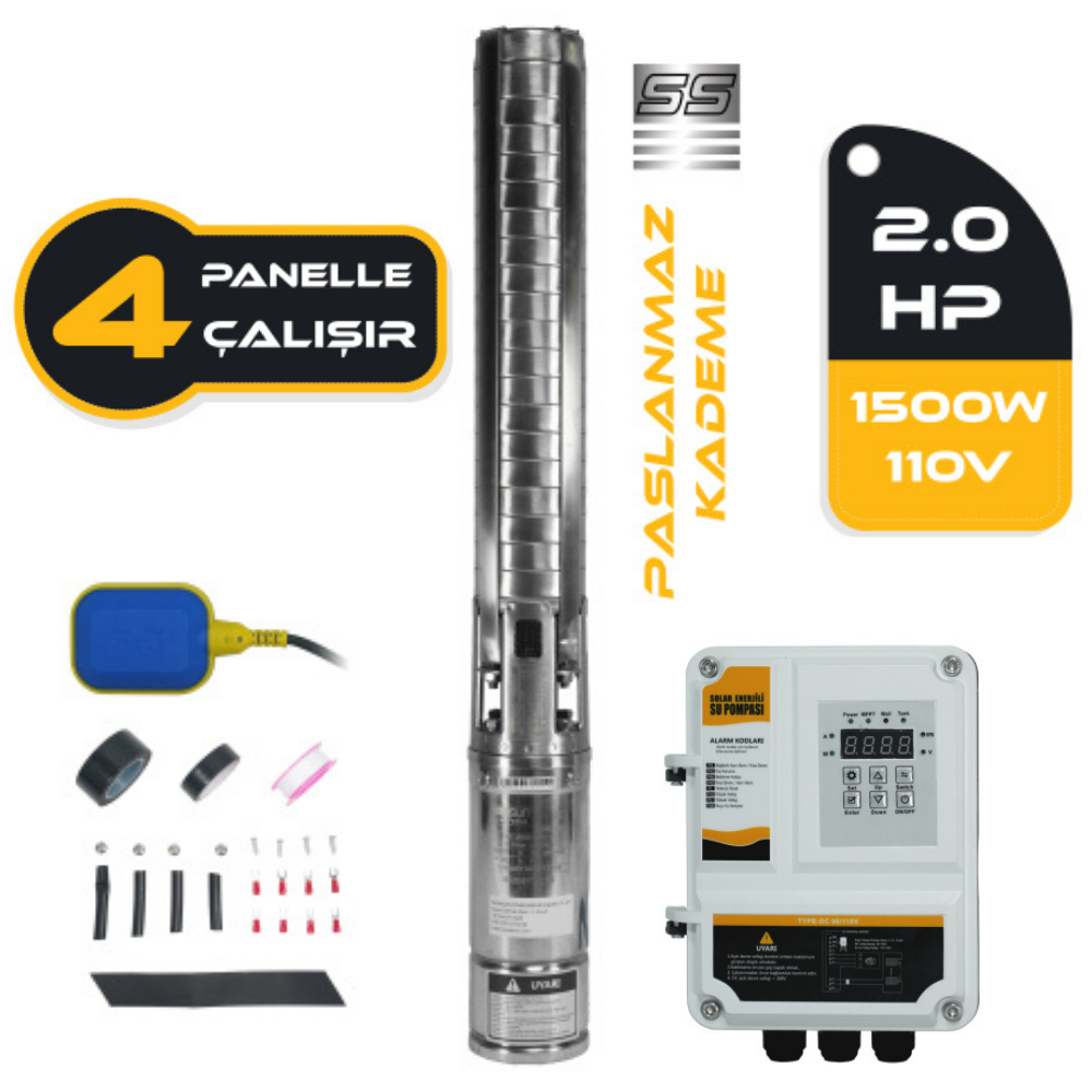 2HP / 1500Watt / 17 Paslanmaz Kademeli (SS İmpeller) / 110 Volt DC Solar Dalgıç Pompa