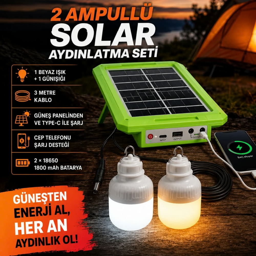 Solar Güneş Enerjili Şarjlı Kamp Seti ( 2 Ampullü )