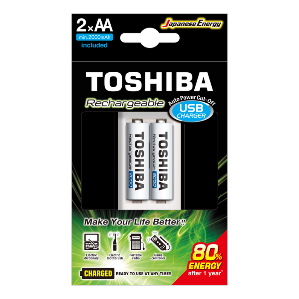 Toshiba USB Şarj Cihazı + AA Kalın Pİl 2000mAH 2 Lİ