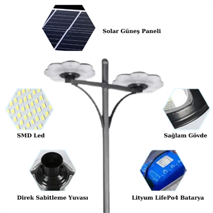 2X200Watt Güneş Enerjili Solar Çiçek Sokak Armatürü (3 Metre Direkli)