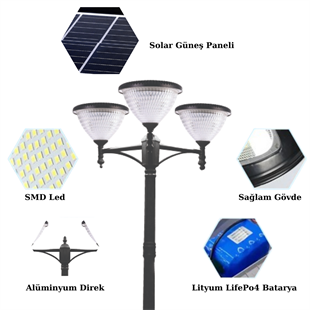 3X100Watt Güneş Enerjili Solar Bahçe Armatürü ( 300cm Direkli )