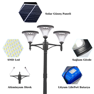 3X100Watt Güneş Enerjili Solar Bahçe Armatürü ( 300cm Direkli )