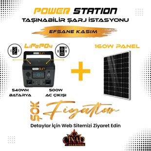 Power Station Taşınabilir Protatif Güç İstasyonu 540Wh Lityum Batarya,500 W Çıkış Gücü + 160Watt Solar Panel