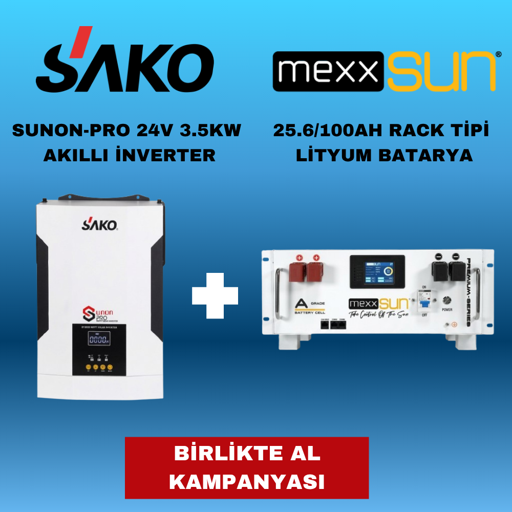 Sako Sunon Pro 3.5KW + Mexxsun 2.56Kw LifePo4 Lityum Akü Paket
