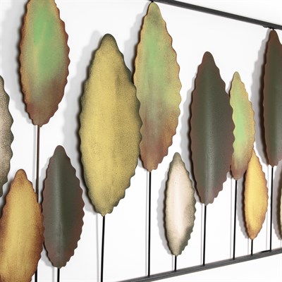 Bilgen Büyük Boy Metal Duvar Tablosu 114x60 cm – El Boyaması Botanik Yaprak Tasarımı, Yeşil ve Altın Tonlar