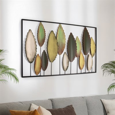 Bilgen Büyük Boy Metal Duvar Tablosu 114x60 cm – El Boyaması Botanik Yaprak Tasarımı, Yeşil ve Altın Tonlar