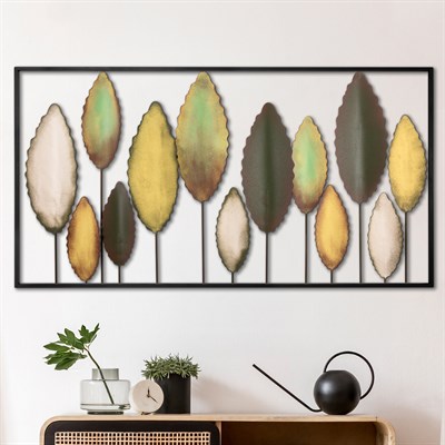 Bilgen Büyük Boy Metal Duvar Tablosu 114x60 cm – El Boyaması Botanik Yaprak Tasarımı, Yeşil ve Altın Tonlar