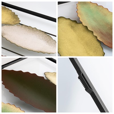 Bilgen Büyük Boy Metal Duvar Tablosu 114x60 cm – El Boyaması Botanik Yaprak Tasarımı, Yeşil ve Altın Tonlar