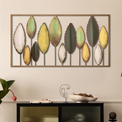 Bilgen Gold Çerçeveli El Boyaması Metal Yapraklar Duvar Tablosu 114x60 cm | Yeşil, Altın ve Krem Modern Duvar Dekoru