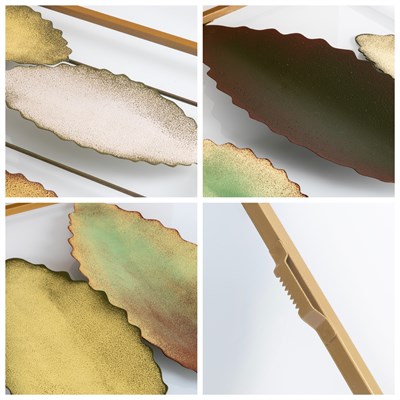 Bilgen Gold Çerçeveli El Boyaması Metal Yapraklar Duvar Tablosu 114x60 cm | Yeşil, Altın ve Krem Modern Duvar Dekoru