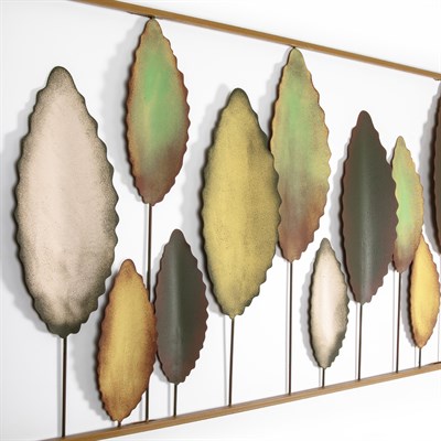 Bilgen Gold Çerçeveli El Boyaması Metal Yapraklar Duvar Tablosu 114x60 cm | Yeşil, Altın ve Krem Modern Duvar Dekoru