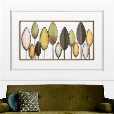 Bilgen Gold Çerçeveli El Boyaması Metal Yapraklar Duvar Tablosu 114x60 cm | Yeşil, Altın ve Krem Modern Duvar Dekoru