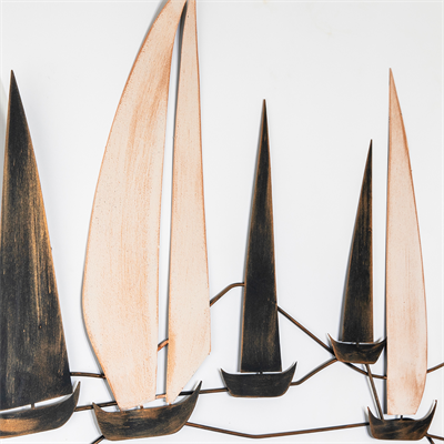 Boat Yelkenli Motifli Metal Duvar Tablosu - Bronz Büyük Boy Deniz Konseptli Duvar Süsü - Lüks Metal Dekor