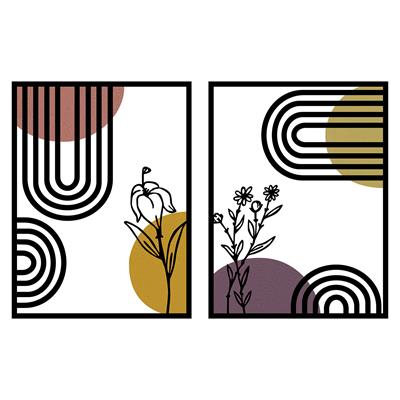 Boho Tarzı  Geometrik ve Botanik Ahşap Detaylı Metal Tablo Seti – Minimalist Line Art Duvar Dekoru, Modern Bohem Stil, Çiçek Temalı Duvar Süsü