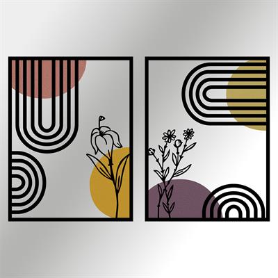 Boho Tarzı  Geometrik ve Botanik Ahşap Detaylı Metal Tablo Seti – Minimalist Line Art Duvar Dekoru, Modern Bohem Stil, Çiçek Temalı Duvar Süsü