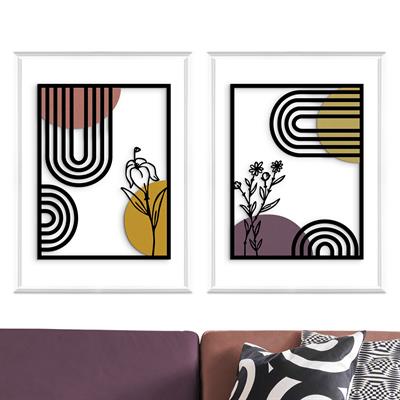 Boho Tarzı  Geometrik ve Botanik Ahşap Detaylı Metal Tablo Seti – Minimalist Line Art Duvar Dekoru, Modern Bohem Stil, Çiçek Temalı Duvar Süsü