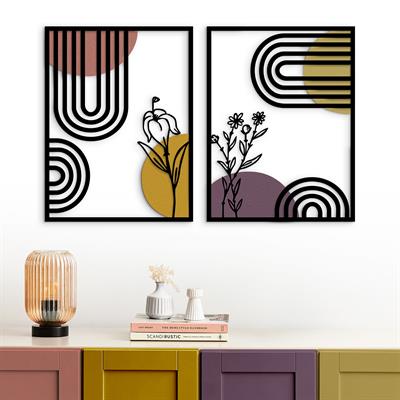Boho Tarzı  Geometrik ve Botanik Ahşap Detaylı Metal Tablo Seti – Minimalist Line Art Duvar Dekoru, Modern Bohem Stil, Çiçek Temalı Duvar Süsü