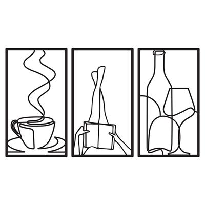 Caffivino – Üç Parça Keyif ve Yaşam Tarzı Temalı, Yaşam Stili Yansıtan Metal Duvar Dekorasyon Seti