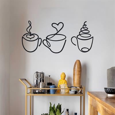 Coffee Corner 3lü Kahve Fincanı Metal Duvar Tablosu | Kahve Köşesi İçin Dekoratif, Modern ve Şık Duvar Dekoru