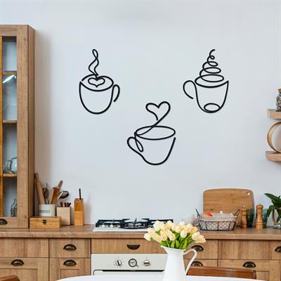 Coffee Corner 3lü Kahve Fincanı Metal Duvar Tablosu | Kahve Köşesi İçin Dekoratif, Modern ve Şık Duvar Dekoru