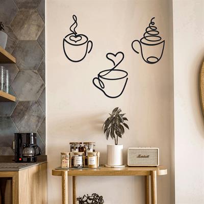 Coffee Corner 3lü Kahve Fincanı Metal Duvar Tablosu | Kahve Köşesi İçin Dekoratif, Modern ve Şık Duvar Dekoru