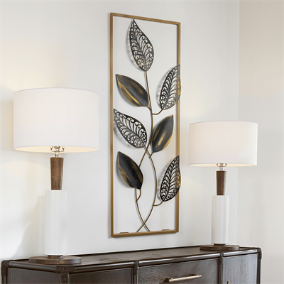 Della Yaprak Desenli Zarif Metal Duvar Tablosu, Gold Motifli Modern ve Şık Dekor, Salon ve Antre İçin Duvar Süsü