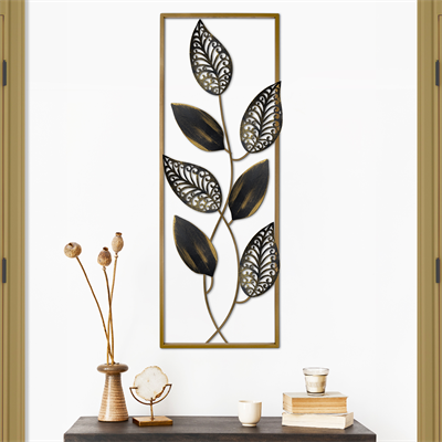 Della Yaprak Desenli Zarif Metal Duvar Tablosu, Gold Motifli Modern ve Şık Dekor, Salon ve Antre İçin Duvar Süsü