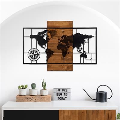 Dünya Haritası Duvar Dekoru – Ahşap ve Metal Duvar Panosu, El Yapımı Modern Dünya Temalı Sanat