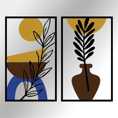 Geometrik & Doğal Dokulu Boho Ahşap ve Metal Tablo Seti – Dekoratif Yaprak Figürü, Koridor ve Antre Dekoru, Doğal Stil