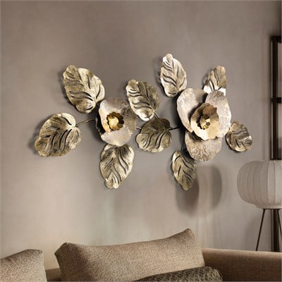 Gold Yaprak ve Çiçek Desenli El Yapımı Metal Duvar Tablosu – Lüks Salon Dekorasyonu 100x55 cm