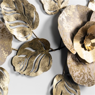 Gold Yaprak ve Çiçek Desenli El Yapımı Metal Duvar Tablosu – Lüks Salon Dekorasyonu 100x55 cm