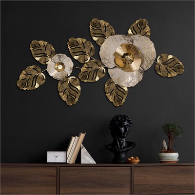 Gold Yaprak ve Çiçek Desenli El Yapımı Metal Duvar Tablosu – Lüks Salon Dekorasyonu 100x55 cm