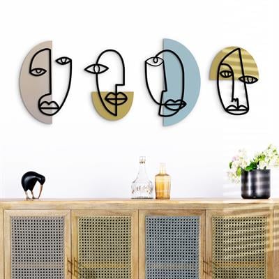Las Caras Ahşap Detaylı Metal Duvar Tablosu - Ev Ofis Dekoru, Şık Metal Pano, Modern Boho Esintili Renkli Ahşap Detaylı Duvar Seti