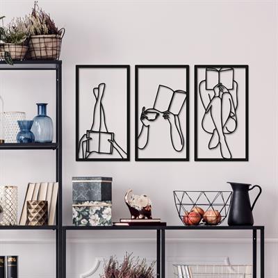 Libressa – Üç Parça Kitap ve Zarif Kadın Figürlü Modern Metal Duvar Tablosu Seti