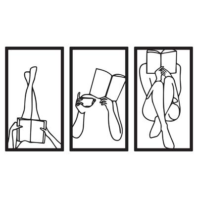 Libressa – Üç Parça Kitap ve Zarif Kadın Figürlü Modern Metal Duvar Tablosu Seti
