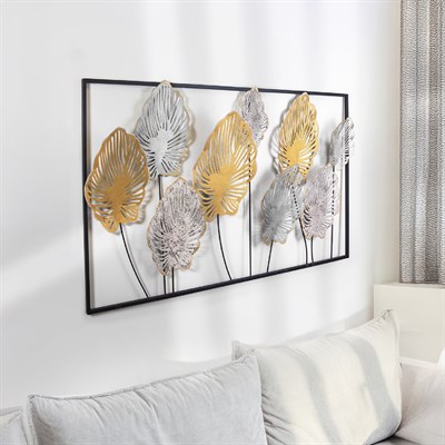 Melo Metal Duvar Tablo Seti, Üç Parça Modern Yaprak Desenli Dekorasyon, Pastel Renkli Duvar Süsleri