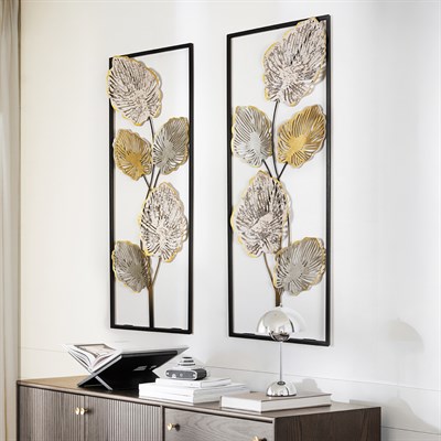 Melo Metal Duvar Tablo Seti, Üç Parça Modern Yaprak Desenli Dekorasyon, Pastel Renkli Duvar Süsleri