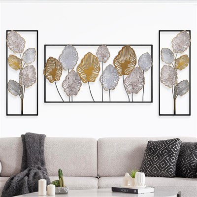 Melo Metal Duvar Tablo Seti, Üç Parça Modern Yaprak Desenli Dekorasyon, Pastel Renkli Duvar Süsleri