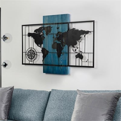 Metal Dünya Haritası Duvar Süsü Masif Ahşap 85x57.5 cm Mavi
