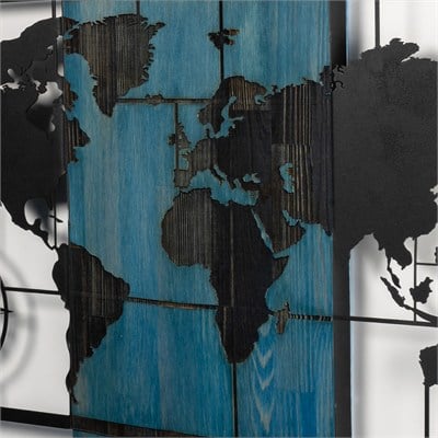Metal Dünya Haritası Duvar Süsü Masif Ahşap 85x57.5 cm Mavi