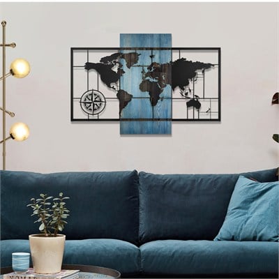Metal Dünya Haritası Duvar Süsü Masif Ahşap 85x57.5 cm Mavi