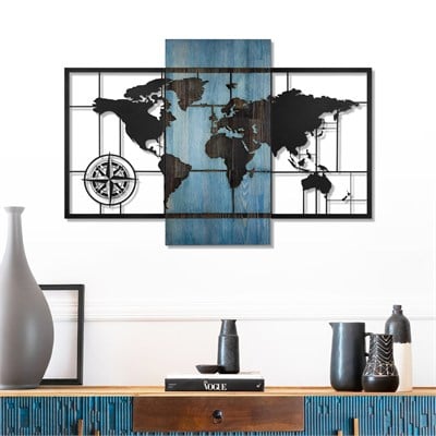 Metal Dünya Haritası Duvar Süsü Masif Ahşap 85x57.5 cm Mavi