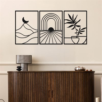 Path of Light Üç Parça Boho Esintili, Çiçek ve Dağ Motifli Soyut Metal Duvar Dekorasyon Seti, Ev, Ofis ve Oteller İçin Metal Tablo