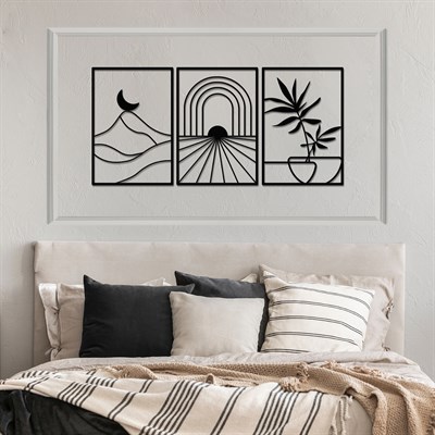 Path of Light Üç Parça Boho Esintili, Çiçek ve Dağ Motifli Soyut Metal Duvar Dekorasyon Seti, Ev, Ofis ve Oteller İçin Metal Tablo