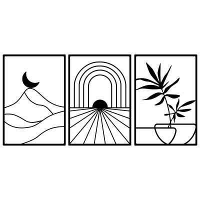Path of Light Üç Parça Boho Esintili, Çiçek ve Dağ Motifli Soyut Metal Duvar Dekorasyon Seti, Ev, Ofis ve Oteller İçin Metal Tablo