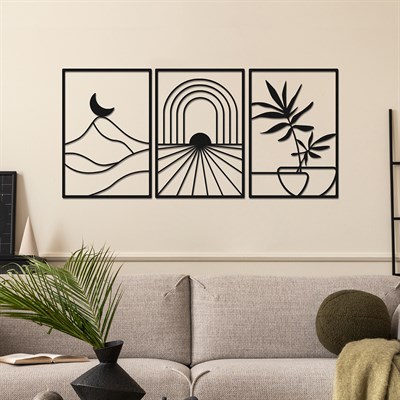 Path of Light Üç Parça Boho Esintili, Çiçek ve Dağ Motifli Soyut Metal Duvar Dekorasyon Seti, Ev, Ofis ve Oteller İçin Metal Tablo