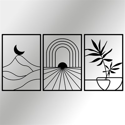 Path of Light Üç Parça Boho Esintili, Çiçek ve Dağ Motifli Soyut Metal Duvar Dekorasyon Seti, Ev, Ofis ve Oteller İçin Metal Tablo