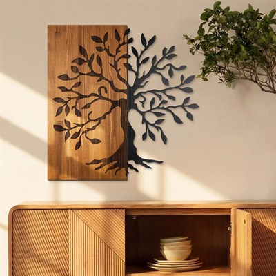 Tree of Life – Ahşap ve Metal Duvar Dekoru, 3D Derinlikli Doğa Temalı Büyük Duvar Tablosu, Ev ve Ofis Duvar Süsü