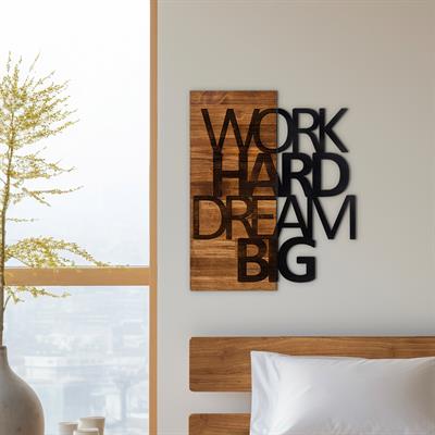 Work Hard Dream Big Yazılı Ahşap ve Metal Duvar Süsü | Motivasyon Mesajlı Metal Ahşap Tablo