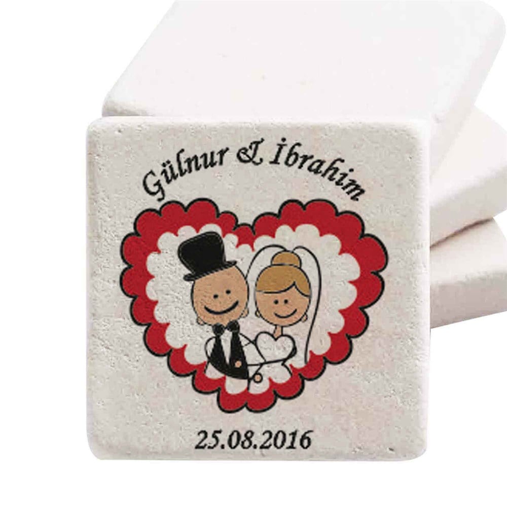 İsim Baskılı Doğal Taş Magnet Kalpli Gelin Damat